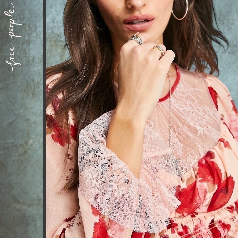 FREE PEOPLE Daphne Rose/Floral Long Sleeve Sheer Lace Ruched Blouse-Sm NWT - Picture 11 of 16